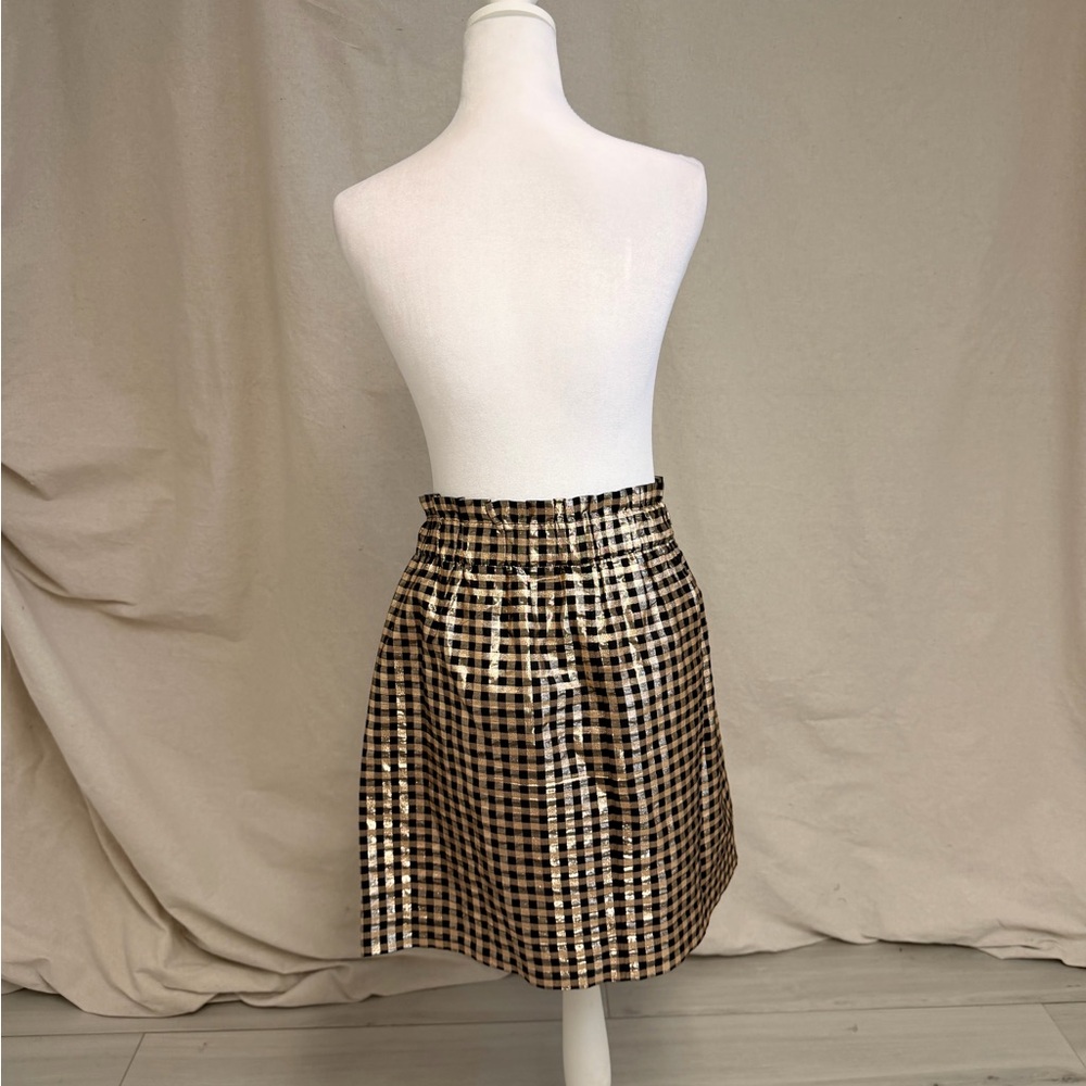 J. Crew Gold Metallic Gingham Pull On Mini Skirt Sz M Glam Preppy Holiday - Picture 3 of 7